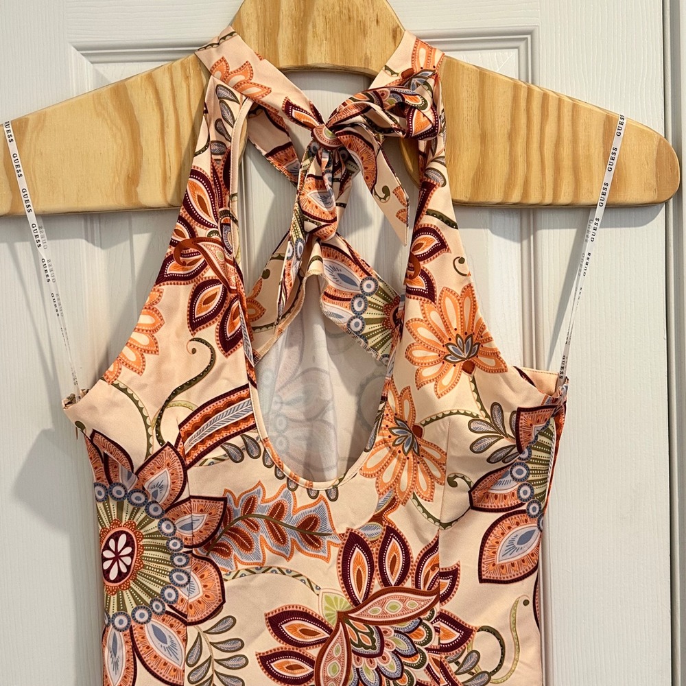 GUESS Southwest Jacobean Print Marsha Dress 14 NEW Peach Multi Halter Midi Foral - Picture 6 of 16